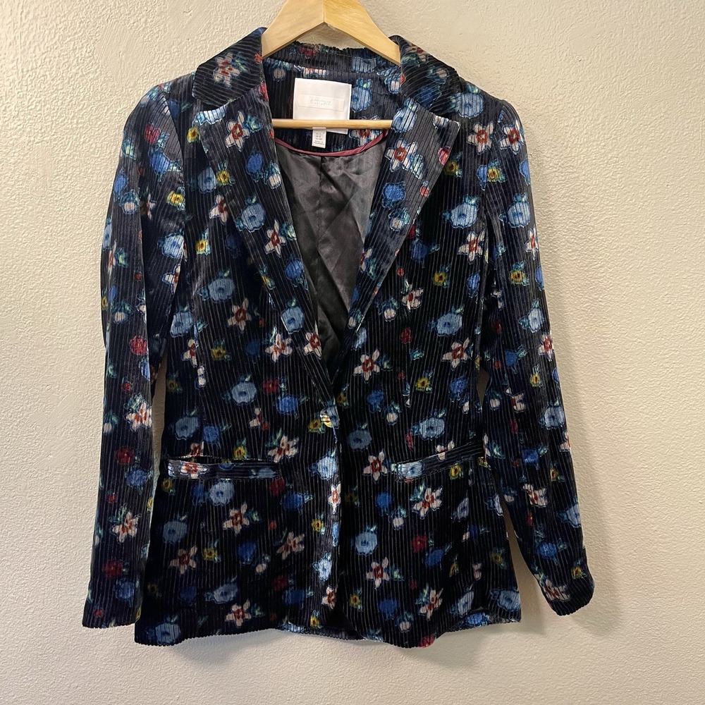 Anthropologie Ett Twa Floral Velvet Blazer Ribbed Black Multi Whimsygoth Sz 2